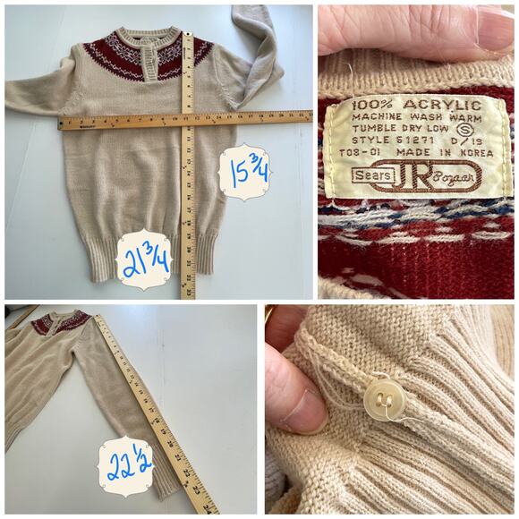 Sears VINTAGE JR Bazaar Sweater Juniors S Fair Isle Beige Burgundy Blue Button - Picture 7 of 7